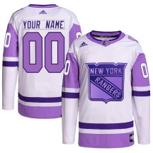 Custom New York Rangers Adidas Youth Authentic Custom Hockey Fights Cancer Primegreen Jersey - White/Purple
